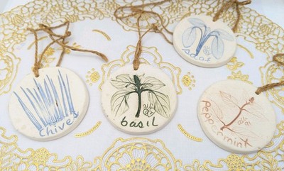 Anna L Brown Pottery Montgomery WV Hanging Set Ornaments Botanical Herbs pressed