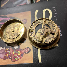 Pocket Brass Sundial and Compass - approx. 2" W and 3/4" H - NEW