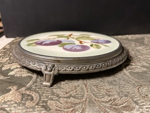 antique Tea Pot Holder Art Nouveau porcelain and metal footed trivet/ Hot Plate image 2