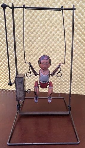 Vintage Marx Tin Wind Up Circus Acrobat Boy on Swing Toy 1930s Mechanical Figure
