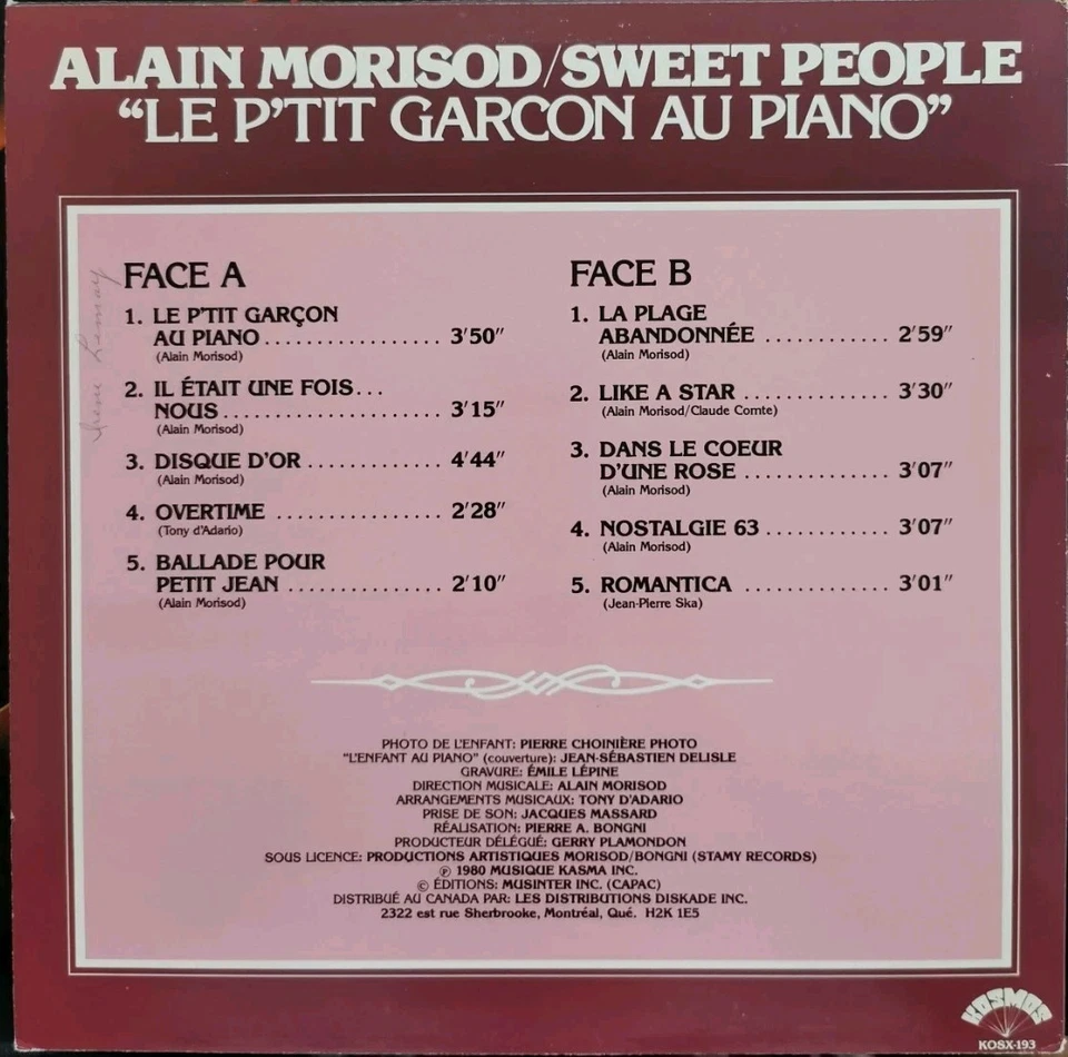 Vinyl LP Alain Morisod/Sweet People - Le P'tit Garcon Au Piano VG KOSX-193 Pop - Image 2 of 4