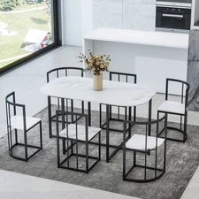 Modern 7-Piece Dining Table Set with Faux Marble Compact 55Inch Kitchen Table