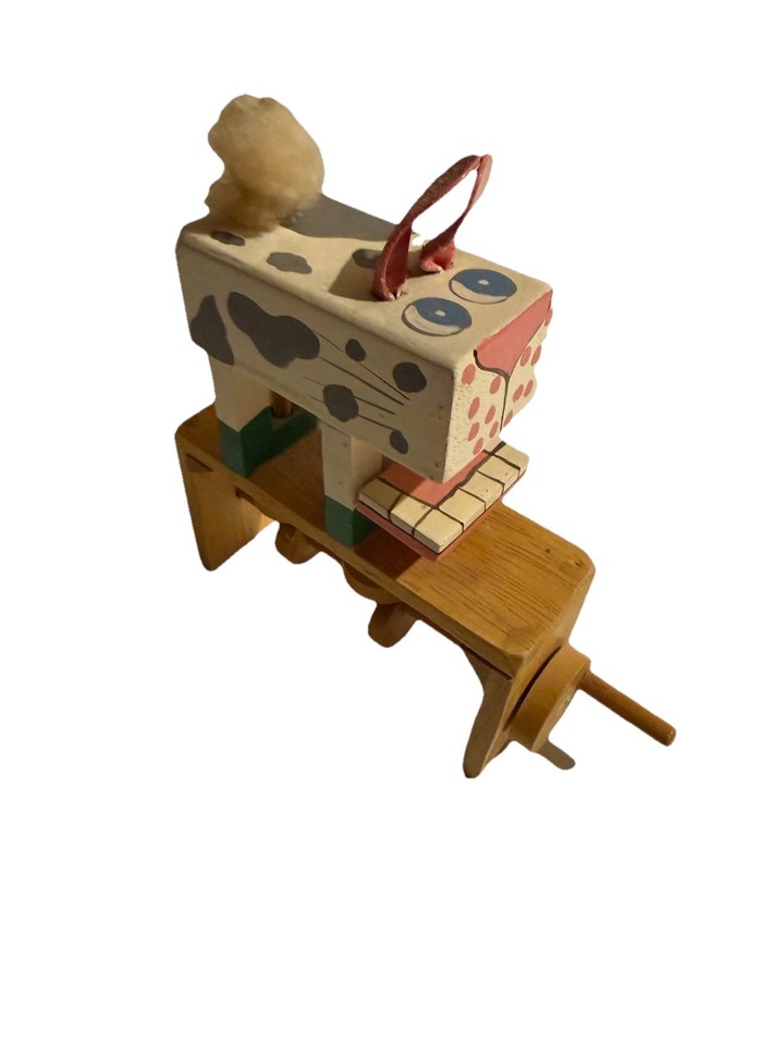 Vintage Folk Art Wooden Rabbit Automaton Crank Toy Handmade Whimsical Sculpture