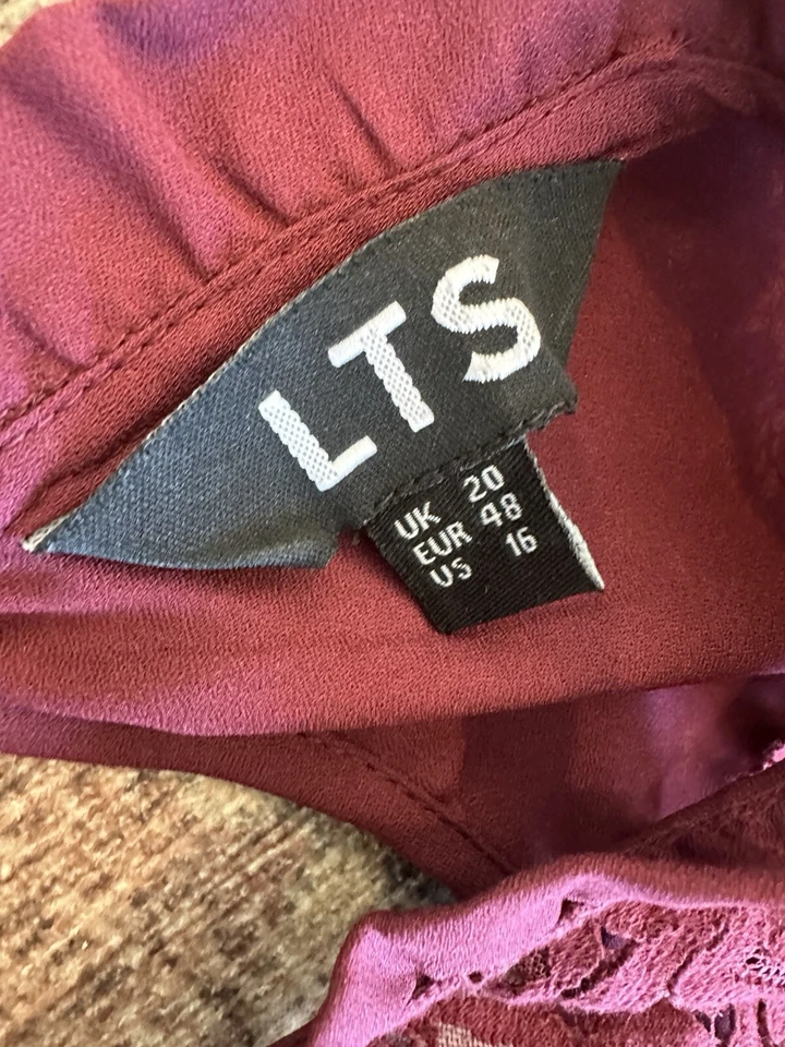 Blusa LONG TALL SALLY Para Mujer US 16 TALL Borgoña Floral Encaje Cuello Manga Larga Foto 2 de 3