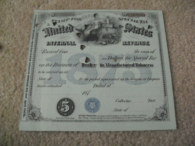 Original 1875 US IRS Internal Revenue Service Special Tax Tobacco Certificate