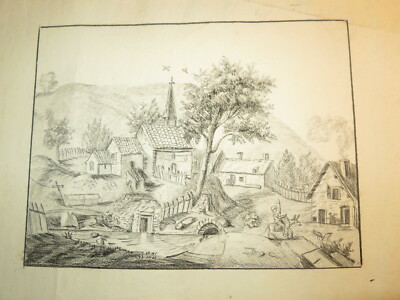 FRENCH SCHOOL XVIII DRAWING BLACK STONE LANDSCAPE ANIME FOLK ART 1780 b