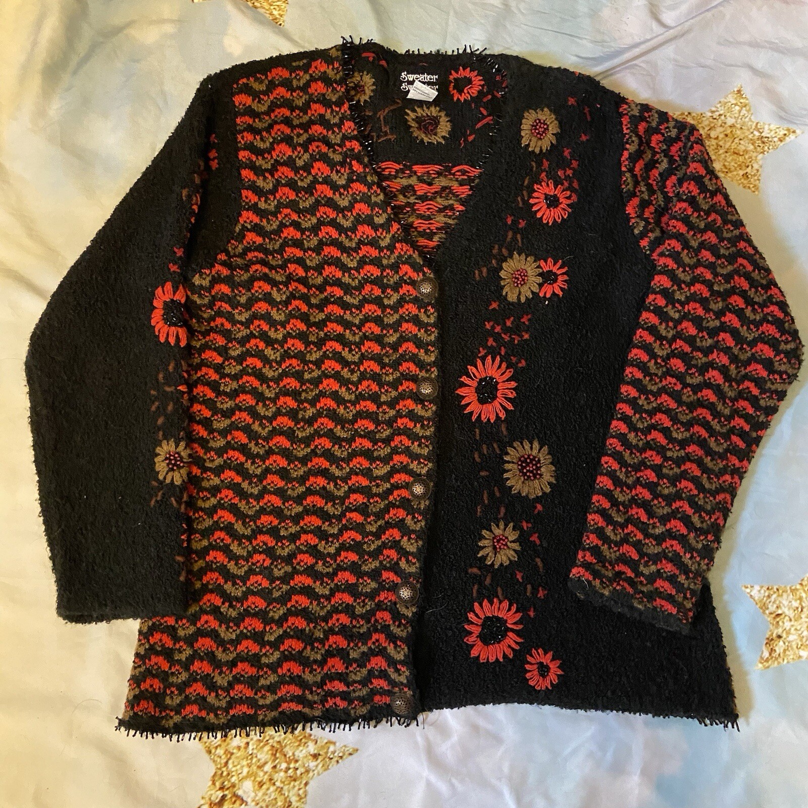 Grandmacore Floral Beaded Button-Front Sweater Cardigan-image
