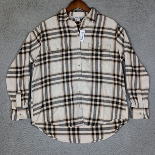 Old Navy Flannel Shirt Women Small Beige Plaid Oversized Boyfriend Button-Up NWT
