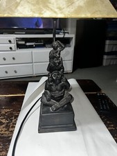Night Stand Lamp Stacked 3 Monkey Mom/Babies Resin Rare W/ Faux Leather Shade