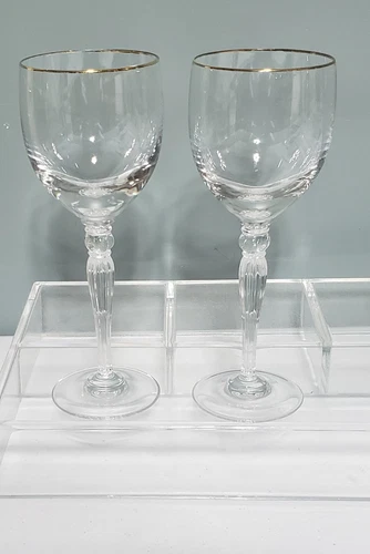 2 Waterford Carleton Gold Rimmed Crystal Wine Goblet Glasses 7-3/4” Tall