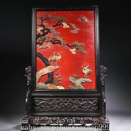 23.6" Old Chinese Dynasty Red Sandalwood Inlay Shoushan Stone Gilt Mirror Screen - Picture 8 of 12