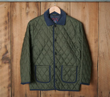 BROOKS BROTHERS Green Quilted Barn Coat w/Blue Corduroy Collar  Trim Kids Sz. M