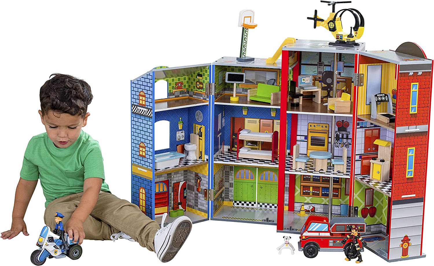 Kidkraft Everyday Heroes Wooden Playset, 3-Story with 26-Piece Accessories, Fold