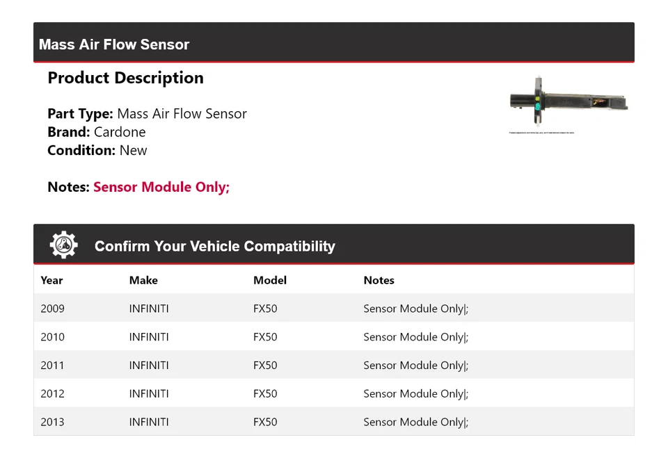 Датчик массового расхода воздуха Cardone для INFINITI FX50 2009-2013 годов выпуска 2010 2011 2012 годов выпуска - Изображение 2 из 4