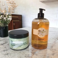 RARE The Body Shop Moringa Jumbo Shower Gel 25.3 fl oz +Spa Wisdom Bath Soak Set