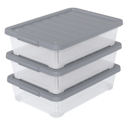 Kekow 3 Packs Large Clear Wheeled Latching Box 40 L Plastic Underbed Storage Box