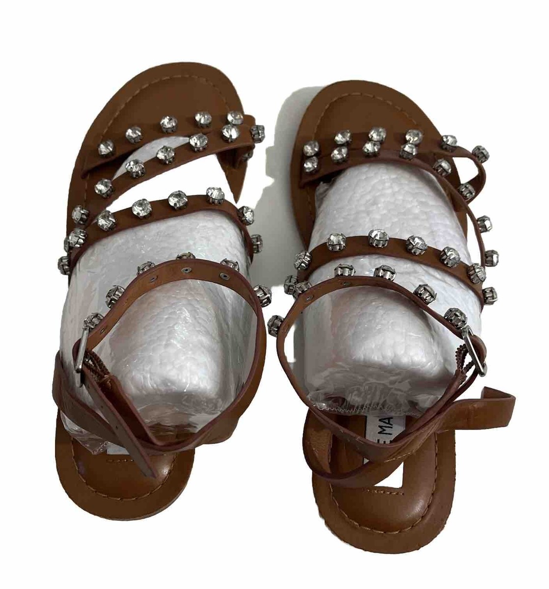 Steve Madden Aero Sandal Flat Women 8M Cognac Strappy Rhinestone