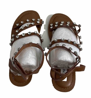 Steve Madden Aero Sandal Flat Women 8M Cognac Strappy Rhinestone
