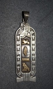 Authentic Egyptian Amulet Pendant, Silver Gold Plated, Hieroglyphs, Vintage Charm