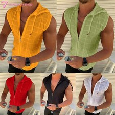 Men Sleeveless Workout Hoodie Solid Zip Vest Gym Bodybuilding Hooded Tank New