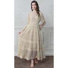 Savvy Elegance Lace Ruffles Boho Maxi Dress Size Medium Cream Fairy Peasant