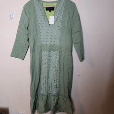 J Crew Long Sleeve Cotton V Neck Midi Dress Laser Cut Sage Size 6