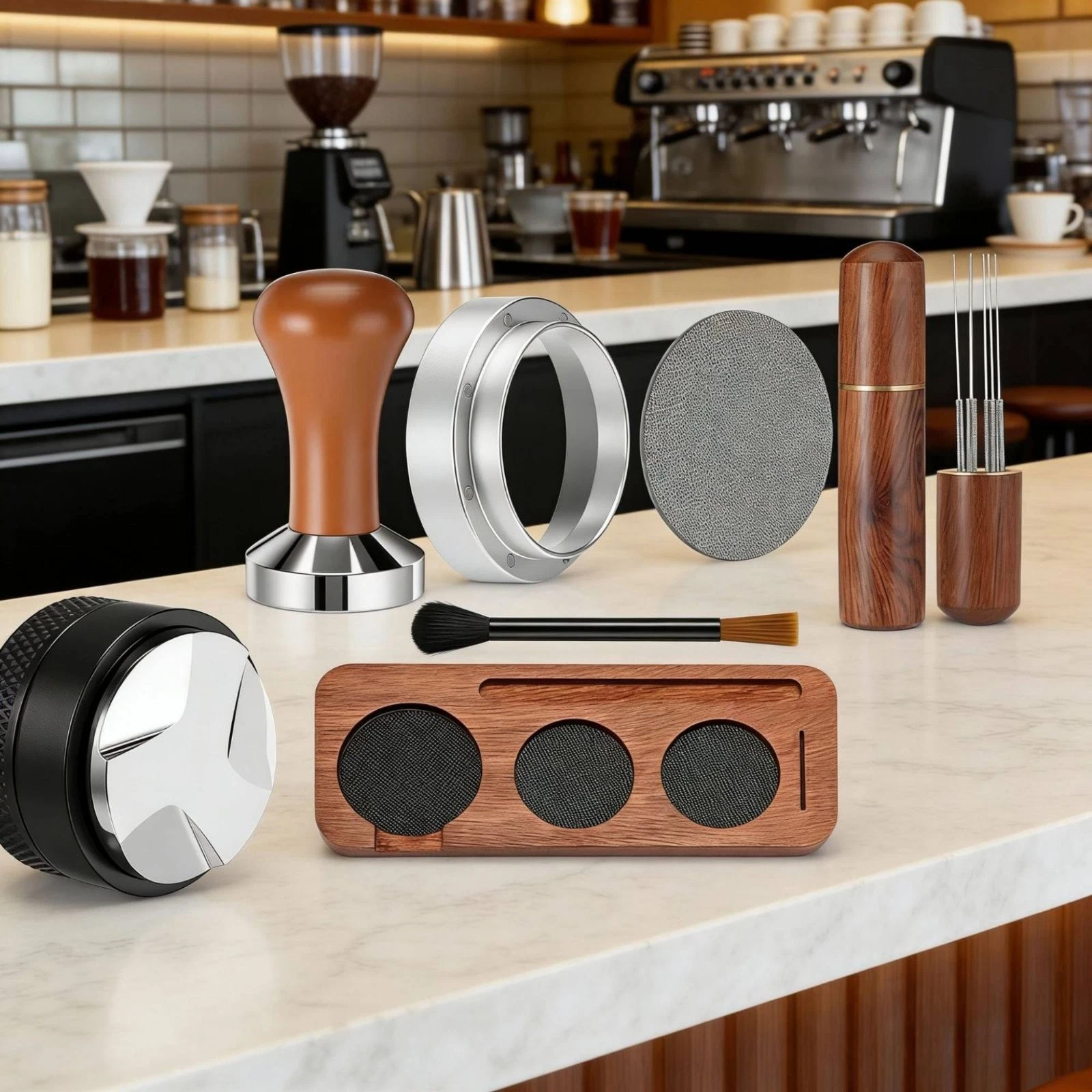 Espresso Tamper and Distributor Set Keeps Countertop Tidy for Baristas