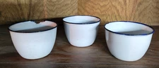 3 Vintage White Enamelware Cups w/Blue Trim Coffee Pudding Small