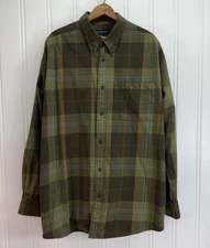 Hathaway Men’s XXL 18.5 Plaid Button Down Shirt Green Brown Cotton Long Sleeve