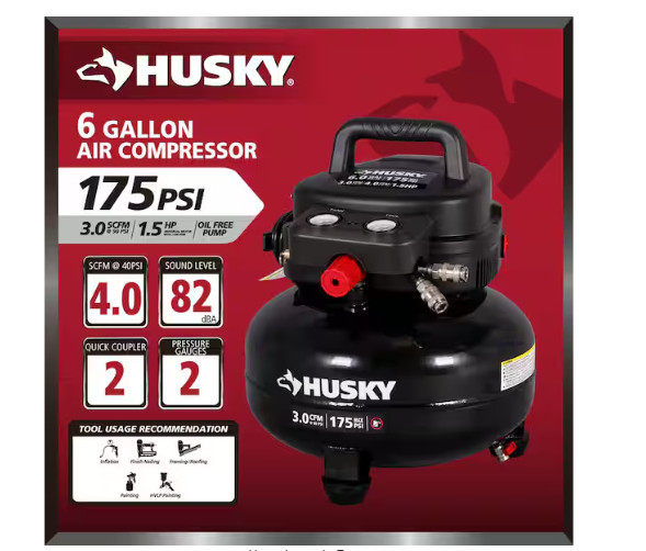 Husky 6 Gal Air Compressor 175 PSI Electric Oil-Free Pancake Dual Gauge Tool NEW