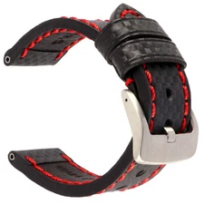 24mm CARBON FIBER Leather Strap Black Watch Band for INVICTA HQ Buckle Red