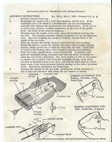 Instruction Sheet for Headlights with Wiring Harness 1963 Strombecker  PHOTOCOPY