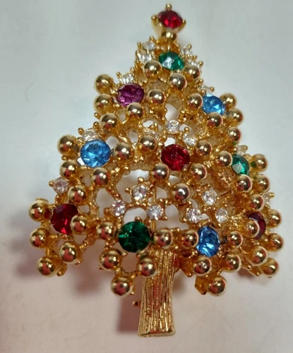 Vintage Gold Tone Signed EISENBERG Rhinestone CHRISTMAS TREE Brooch EXC COND