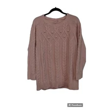 Women's Pink Wool Blend Cable Knit Crew Neck Sweater 