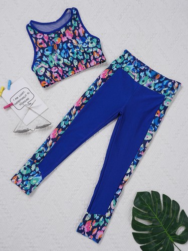 UK Kids Girls Leggings Sets Athletic Sports Outfits Racer Back Tank Skinny Pants - Picture 78 of 97