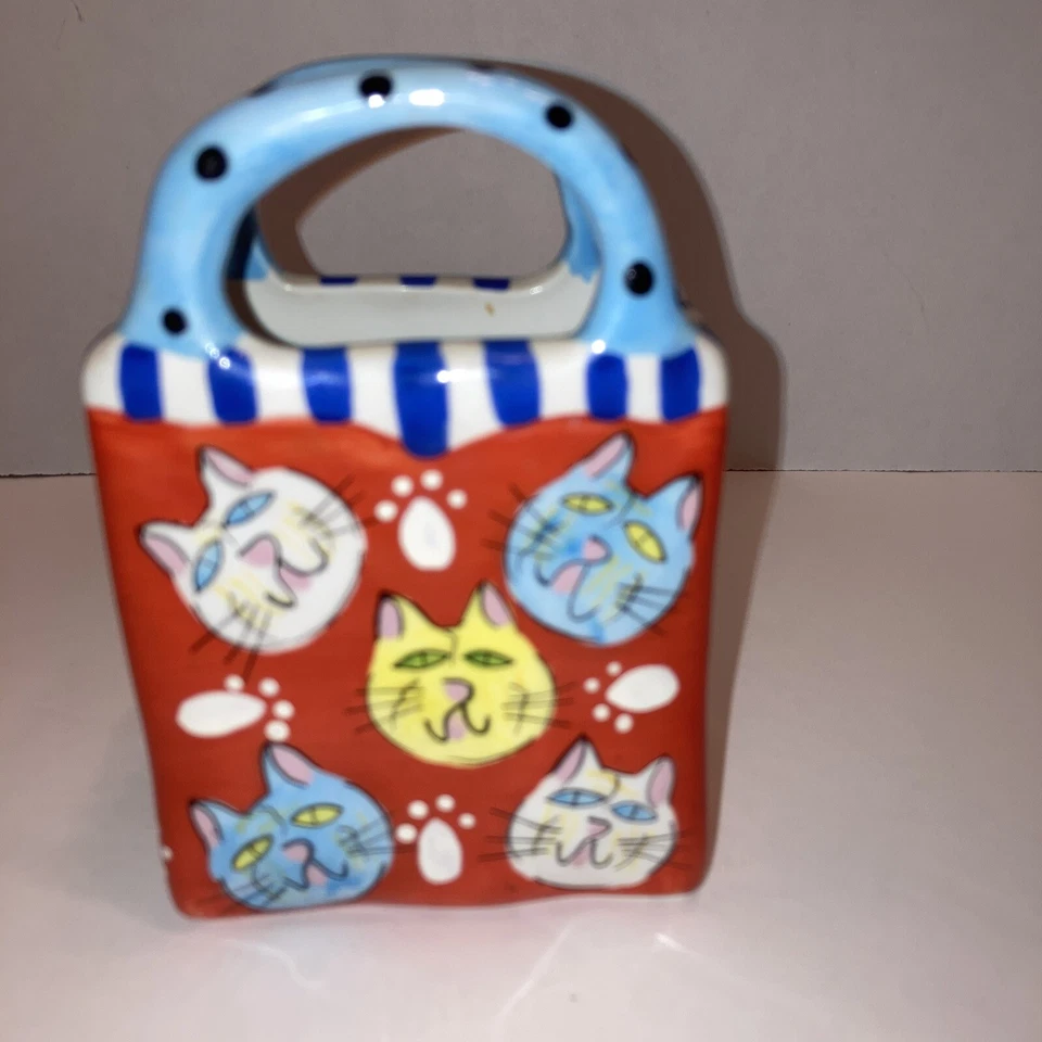 Florero de cerámica bolsa de compras con impresiones de patas y caras de gato gatito Bella Casa Ganz BC6451 Foto 3 de 4