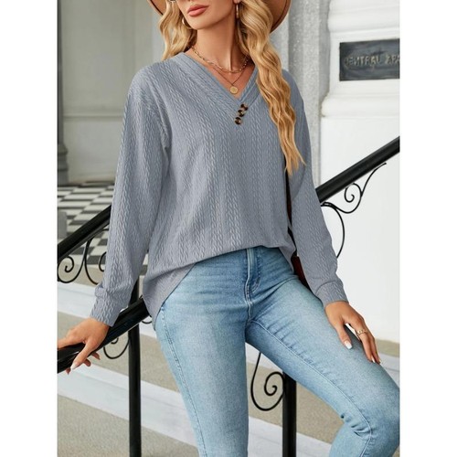 Women's Plus Size V-Neck Button Solid Loose Long Sleeve T-shirt Top - Picture 4 of 6