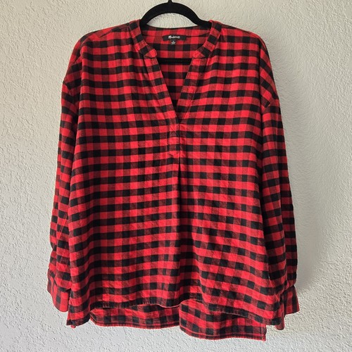 Madewell, Madewell Red Black Buffalo Check Flannel Split Neck Peplum Back Top NI035 S