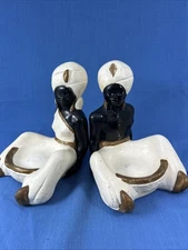 Vtg Man Woman Blackamoor Nubian Chalkware Figures Bookends Trinket Dish Ashtray