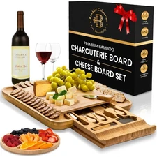 Charcuterie Board Set with Bamboo Cheese Plate and Knives Housewarming Gift