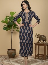 Indian Women BEAUTIFUL Blue Cotton Ethnic Printed Kurta Kurti Top Tunic Dress