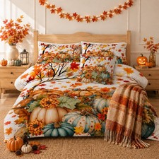 Queen Comforter Set 4 Pieces Halloween Pumpkin Fall Maple Leaf