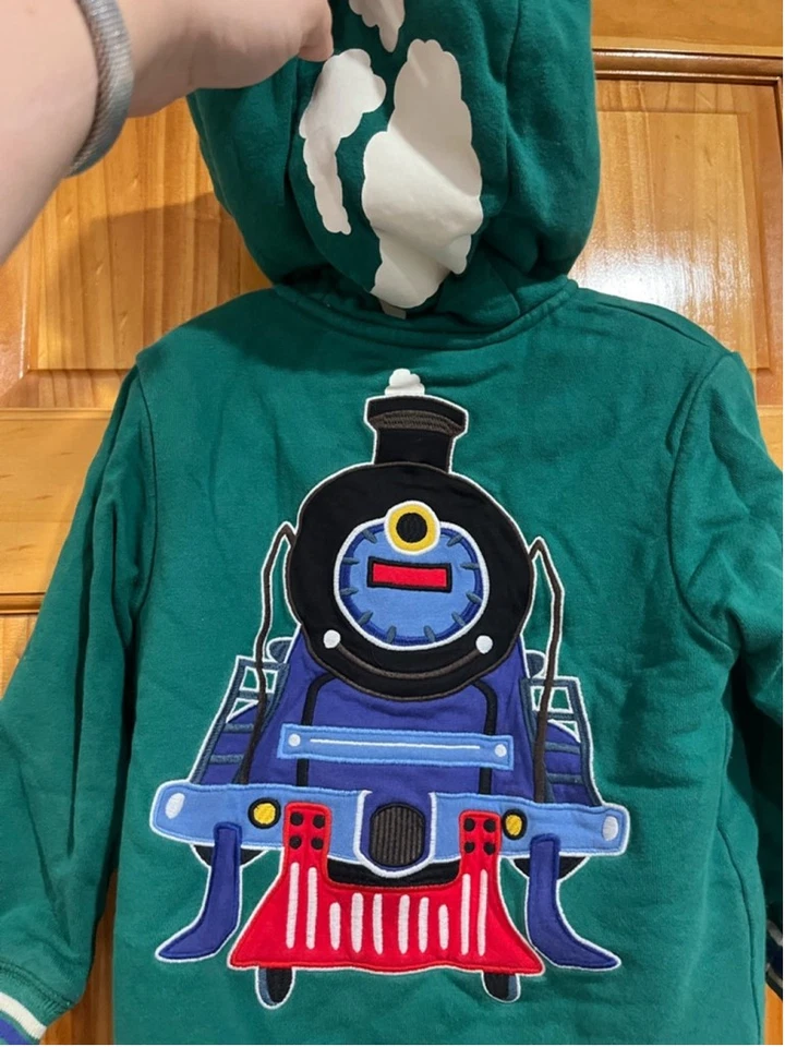 Sudadera con Capucha Tren Bordada Verde Forrada Sherpa Cremallera Completa Mino Boden Niños Pequeños 3-4 Foto 3 de 4