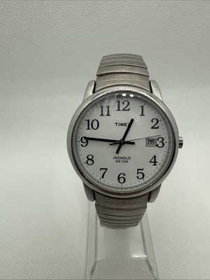 Timex Watch Men Indiglo 35mm Silver Tone Round Dial Date Stretch