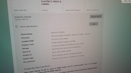 *AS-IS* Dell Optiplex 7090 Ultra i7-1185G7 3.00GHz 16GB 256GB SSD Win10 Mini PC - Afbeelding 3 van 13