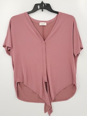 Lavender Filed Women Large Color Lilac V Neck Tie Bottom Button Up Casual Blouse