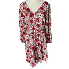 Old Navy Womens Floral V-Neck Long Sleeve Elastic Waist Rayon Dress Red Cream M
