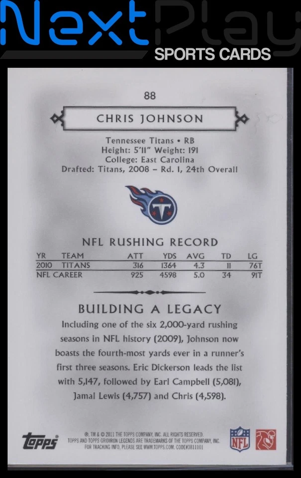 2011 Topps Gridiron Legends #88 – Chris Johnson | - Image 2 of 2