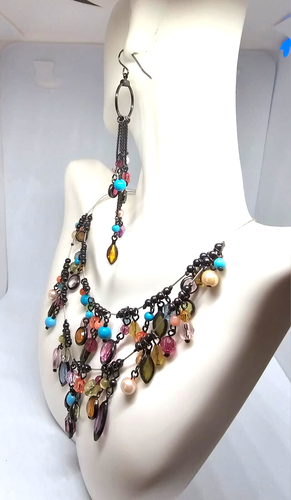 Rainbow Glass Set Necklace Double Strand w Matching Earrings 16" - Picture 3 of 5