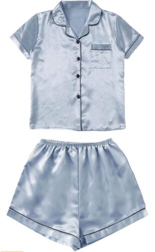 2 Piece Satin Pajama Set Women's Short Sleeve Sleepwear Button Down SweatyRocks